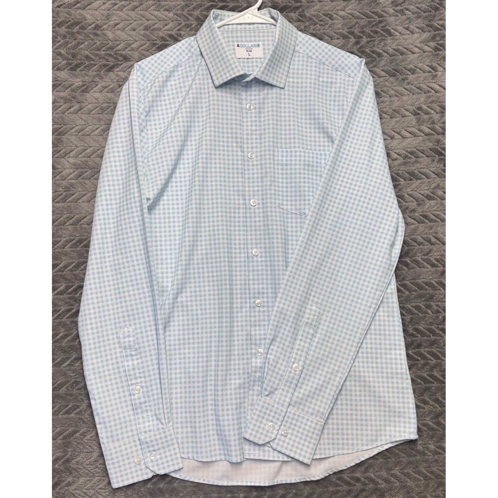 &Collar Performance Dress Shirt‎ L Light Blue Gingham Slim Fit Stretch (1928)